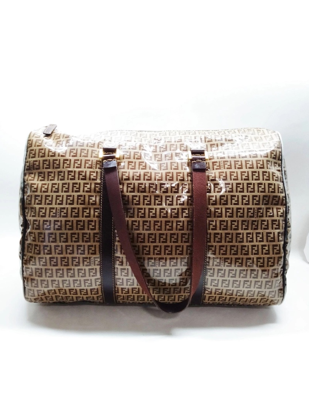 Fendi Beige Brown FF Logo Coated Canvas Duffel Bag